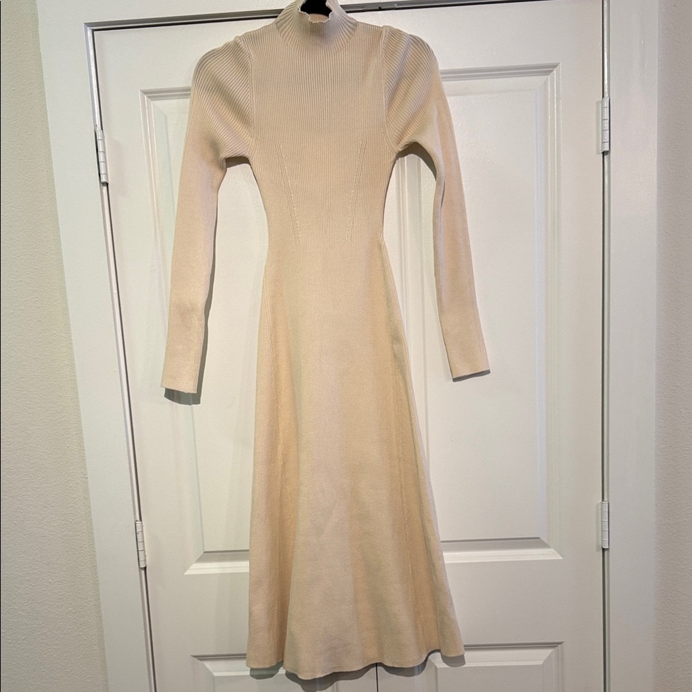 Cream Long-Sleeve Ribbed Sweater Dress